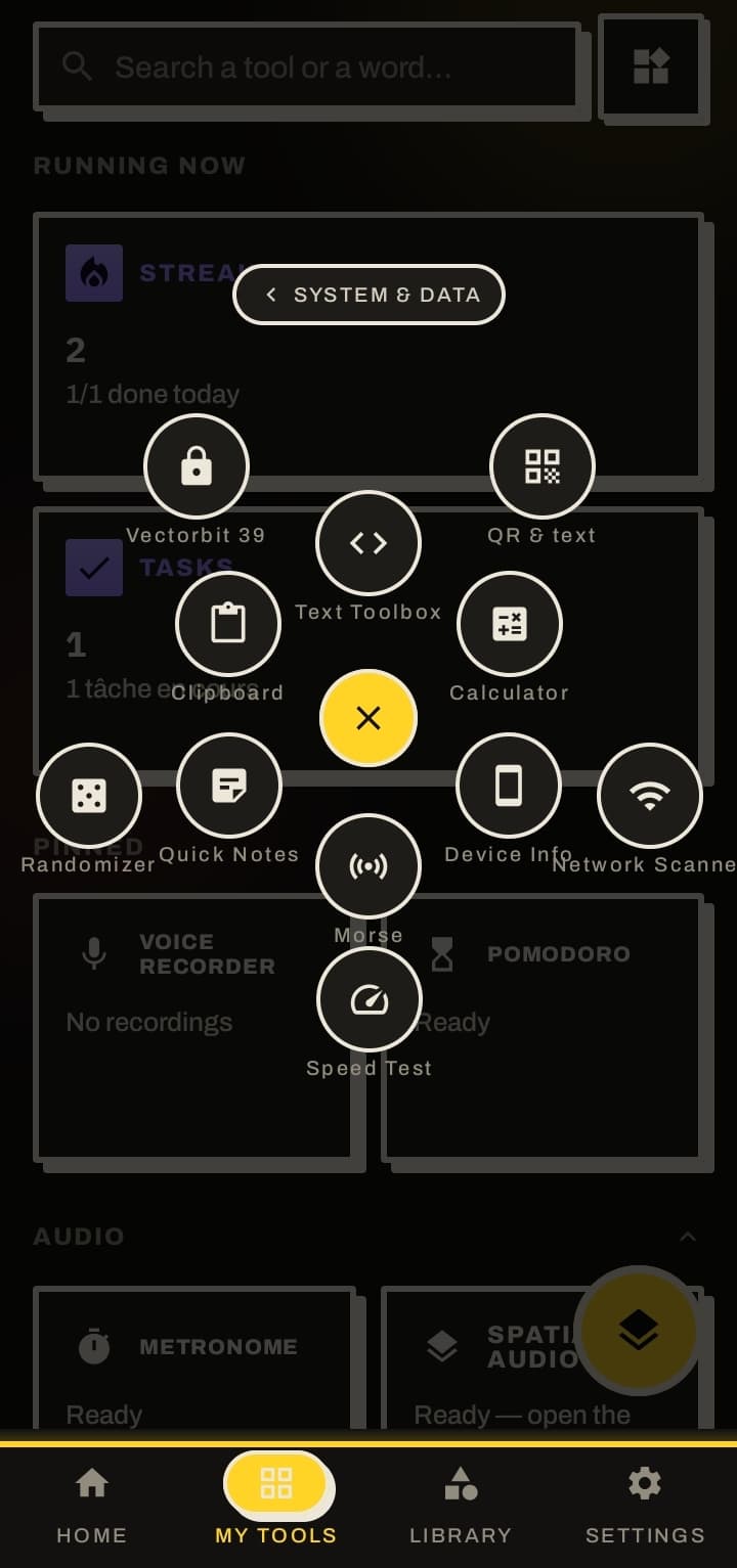 Menu radial pour ouvrir un outil rapidement