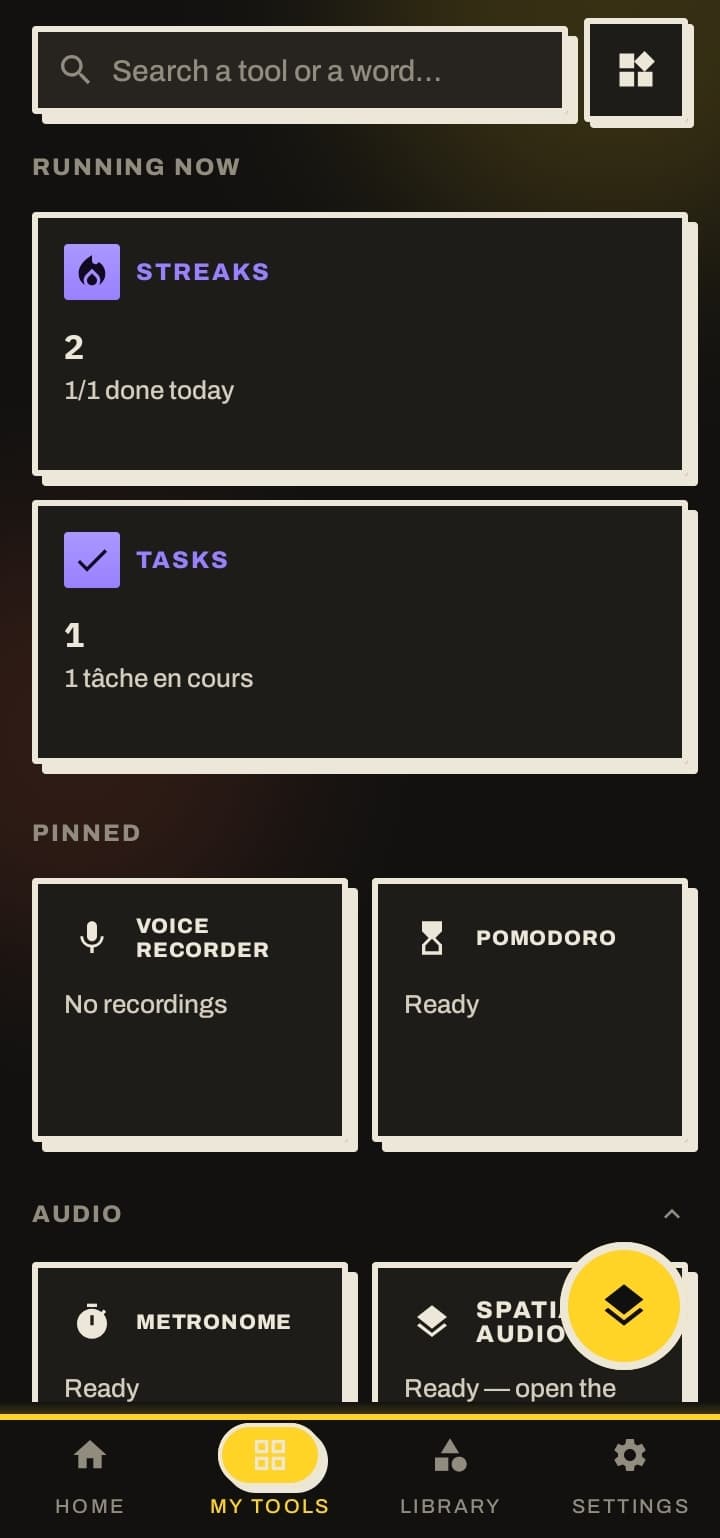 Écran Mes outils : outils en cours et épinglés